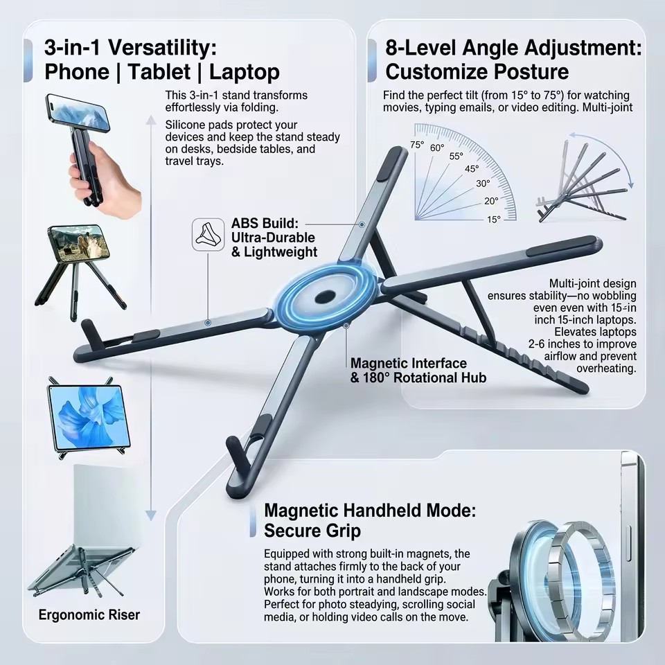 Laptop Tablet Accessories - ที่วางโทรศัพท์แม่เหล็กแบบพกพาและไม้เซลฟี่ 3-in-1 ขาตั้งกล้องแบบพับได้สำหรับ iPhone iPad แท็บเล็ต