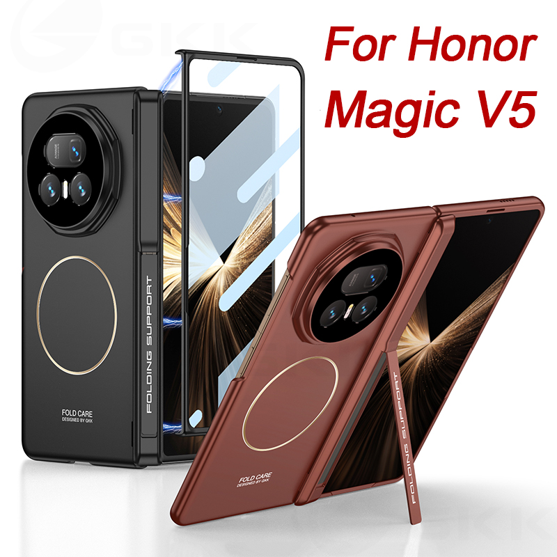 Windows Tablet Accessories - เคสแม่เหล็กแบบมีบานพับสำหรับ Honor Magic V5 พร้อมกระจกกันรอยหน้าจอ ฝาครอบพลาสติกด้านแบบครอบคลุมทุกด้านสำหรับเคส